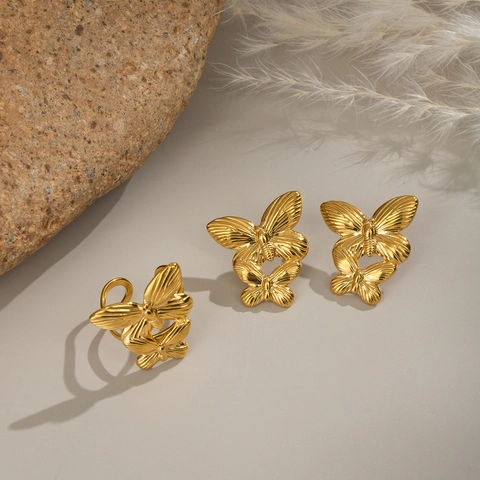Vlinder Oorbellen En Ring Sieraden Roestvrij Staal 18K Verguld Waterdicht Hypoallergeen Elegant Mode Vrouwen