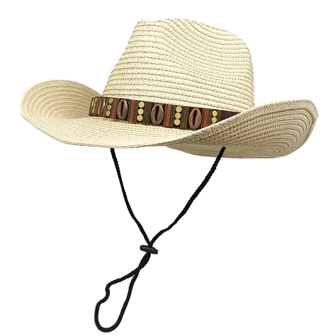 Western Cowboy Straw Hat With Shell Bead Decoration Sun Protection Wide Brim Summer Beach Outdoor Vintage Sunshade Hat