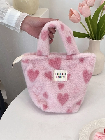 Plush Handbag Faux Fur Tote Bag Heart Leopard Polka Dot Patterns Soft Warm Winter Top Handle Bag For Women