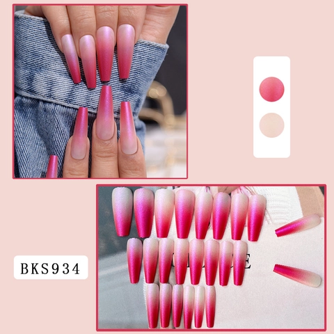 Uñas Postizas Coffin Largas Rosa Rojo Rosa Ombre Degradado Mate Puntas De Uñas Artificiales Con Pegamento De Gelatina