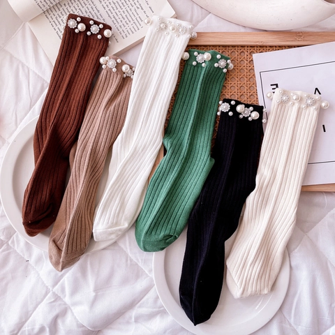 Elegant Women Ribbed Mid Calf Socks With Artificial Pearl Rhinestone Flower Solid Color Cotton Blend Fashion Socks