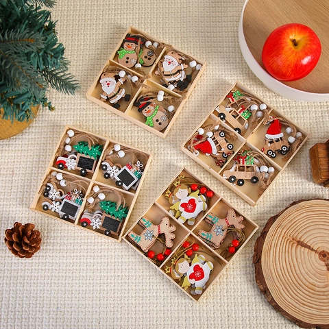 Christmas Wooden Hanging Ornaments Cartoon Santa Snowman Reindeer Tree Car Wood Charms For Holiday Home Tree Decorations