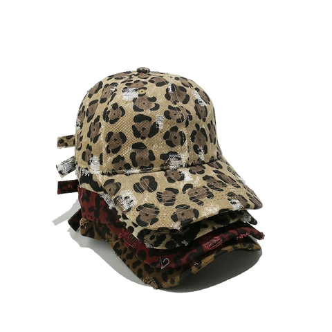 Distressed Leopardenmuster Baseball Kappe Baumwolle Atmungsaktiver Sonnenschutz Hut Verstellbare Retro Streetwear Kopfbedeckung Damen