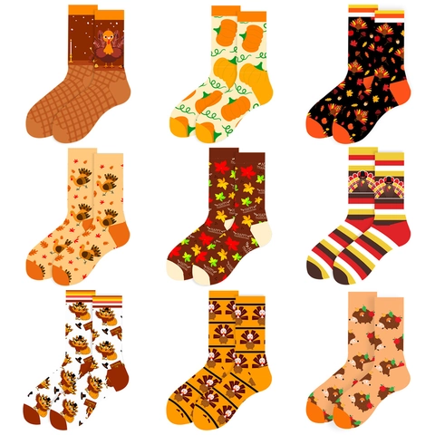 Thanksgiving Crew Socks Cotton Blend Turkey Pumpkin Maple Leaf Print Autumn Winter Festive Fashion For Men Women