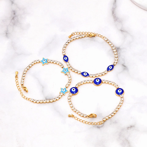 Titanstahl Böser Blick Armband Für Damen Zirkonia Eingelegt Gold Überzogen Stern Oval Rund Anhänger Verstellbare Kette Schmuck
