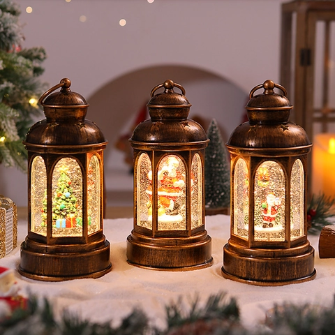 Linterna De Navidad Bola De Agua LED Luz Purpurina Giratoria Papá Noel Muñeco De Nieve Árbol De Navidad Bronce Vintage Lámpara Decorativa Adorno De Escritorio Regalo De Vacaciones