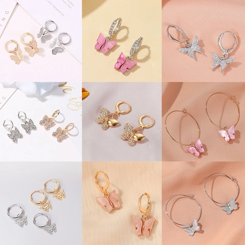Fashion Butterfly Hoop Earrings Gold Silver Plated Alloy Rhinestone Enamel Dangle Earrings For Women Jewelry Gift
