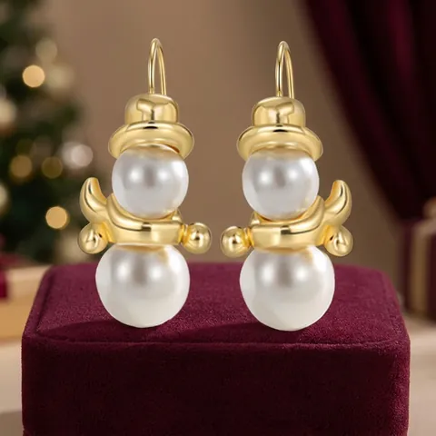 Orecchini a Bottone Pupazzo di Neve in Rame Placcato Oro 18K con Perla Artificiale e Perno in Argento 925 Gioielli Donna