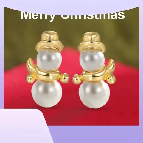 Orecchini a Bottone Pupazzo di Neve in Rame Placcato Oro 18K con Perla Artificiale e Perno in Argento 925 Gioielli Donna