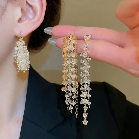 Crystal Tassel Earrings 18k Gold Plated Long Fringe Zircon Dangle Elegant Jewelry For Women With Silver Earring Post