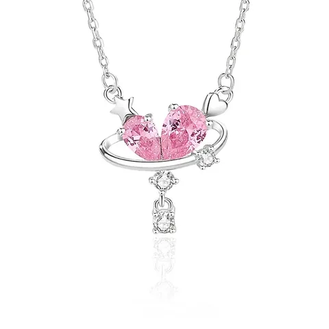 Heart Planet Pendant Necklace 925 Sterling Silver Pink Cubic Zirconia Saturn Ring Dainty Star Tassel Jewelry For Women