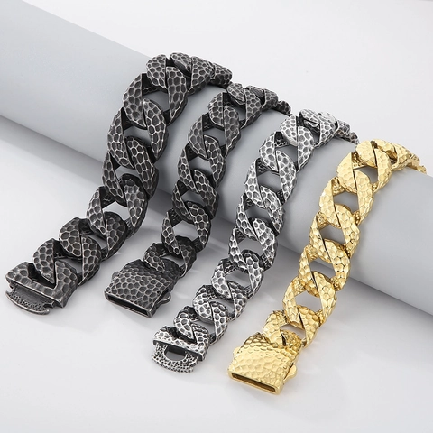 Bracciale Da Uomo Texture Martellata Acciaio Inossidabile 316L Maglia Cubana Spessa Vintage Punk Invecchiato Gioielli Uomo