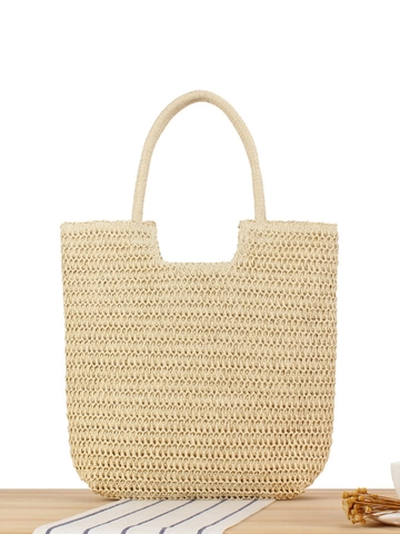 Woven Straw Shoulder Bag Large Capacity Paper Rope Hollow Tote With Zipper Summer Beach Vacation Retro Style For Women