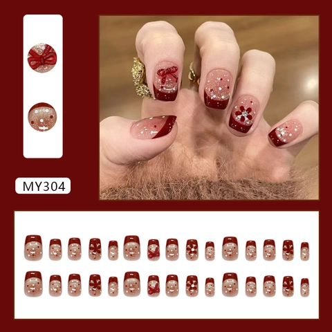 Burgund Französisch Katzenauge Künstliche Nägel Mit 3D Bogen Blume Strass Punkt ABS Nägel
