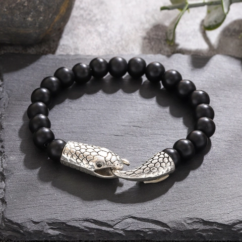 Pulsera De Cuentas Con Cabeza De Serpiente Turquesa Blanca Y Piedras Mate Cierre De Aleación Punk Gótico Joyería Para Hombre