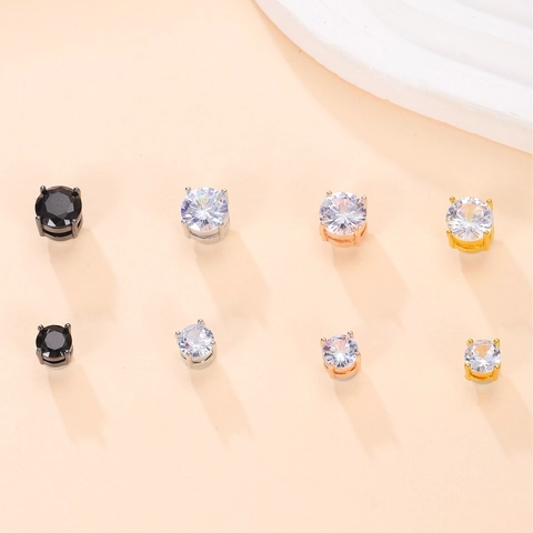Unisex Copper Zirconia Magnetic Ear Clips No Piercing Round Four Prong Inlaid Stud Earrings For Men Women Trendy Jewelry