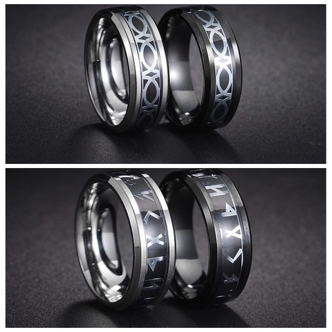 Vintage Titanium Steel Band Ring Nordic Runes Celtic Knot Pattern Punk Jewelry For Men Women Fashion Cool Accessory