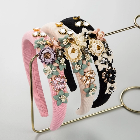 Cerchietto Imbottito Fiori 3D Barocco per Donna Vintage Strass Cristallo Tessuto Fascia Capelli Elegante Accessori Capelli Festa