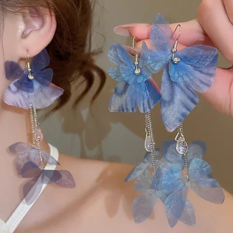 Pendientes De Mariposa Borla Tela Malla Degradado Colgante Gota De Agua Con Poste De Plata Estilo Elegante Dulce Mujeres