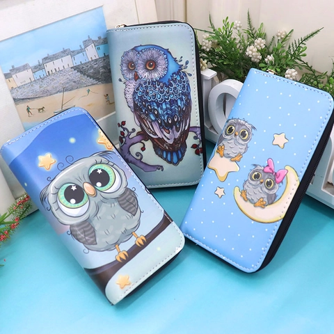 Damen Lange Geldbörse Mit Reißverschluss PU Leder Süße Eule Cartoon Print Große Kapazität Handy Clutch Tasche Casual Mode