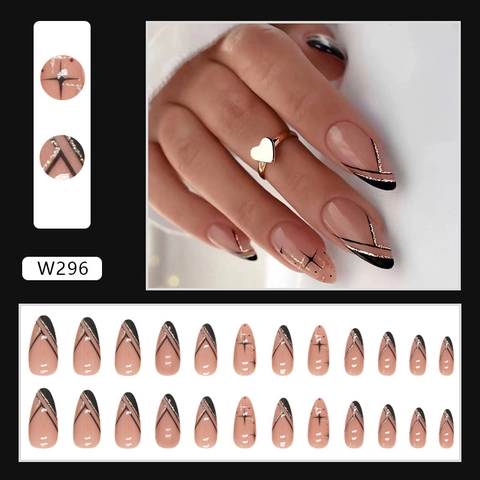 Uñas Postizas De Almendra Larga Líneas Diagonales Francesas Negras Cielo Estrellado Brillo Uñas Artificiales