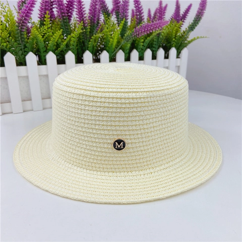 Cappello Boater In Paglia Da Donna Protezione Solare Estiva Spiaggia Corona Piatta Decorazione Lettera M Metallo