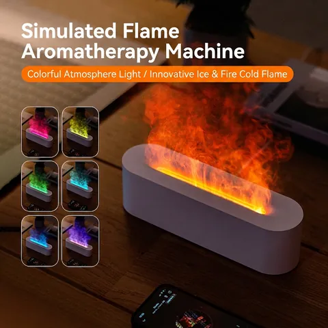 Flame Aromatherapy Diffuser Simulated Fire Effect Ultrasonic Air Humidifier Seven Color LED Light USB Desktop Mist Maker Waterless Auto Off