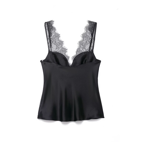 Sexy Lace Patchwork Satin Camisole Women V Neck Spaghetti Strap Sleeveless Satiny Tank Top Black