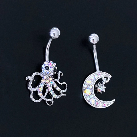 Belly Ring Octopus Star Moon Heart Pendant Stainless Steel Colorful Cubic Zirconia Dangle Navel Piercing Western Style Jewelry