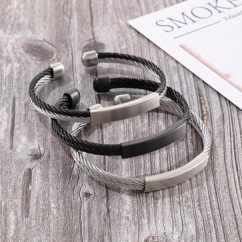 Men Stainless Steel Twisted Cable Wire Cuff Bracelet Rectangular Plate Industrial Minimalist Open Bangle Jewelry