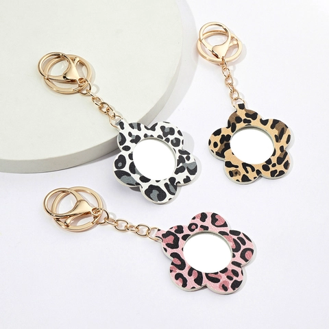 Porte-clés En Forme De Fleur Avec Miroir Portable Imprimé Léopard Cuir PU Porte-clés Esthétique Pendentif Sac