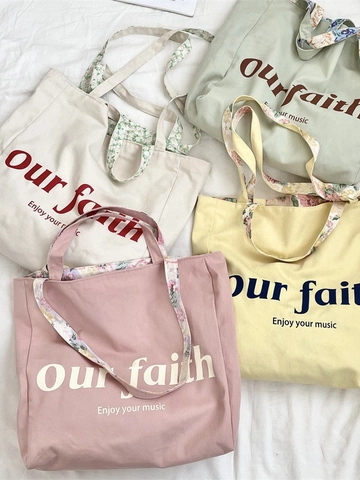 Sac Cabas En Toile Pour Femmes Double Face Imprimé Floral Et Lettres Grande Capacité Sac À Épaule Esthétique Décontracté