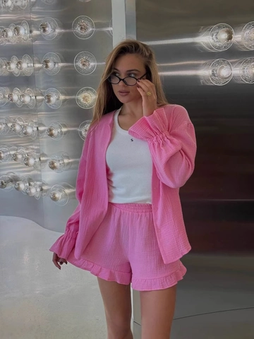 Damen Musselin Baumwolle Langarmhemd Und Hohe Taille Rüschenshorts Lässiges Mode Outfit