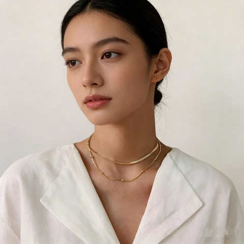 Multi Layered Necklace Alloy Flat Herringbone Snake Bone Chain Minimalist Fashion Round Beads Jewelry For Women