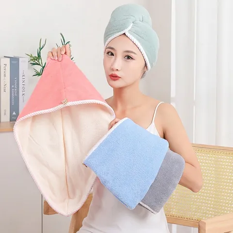Hair Drying Cap Thickened Coral Fleece Super Absorbent Quick Dry Towel For Women With Bear Button Double Layer Head Wrap