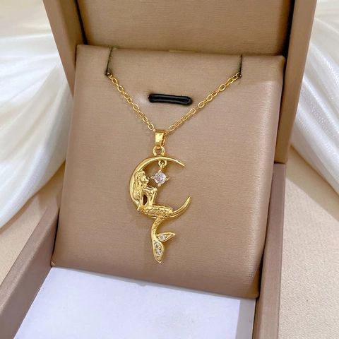 Mermaid Crescent Moon Pendant Necklace Titanium Steel Copper Zircon Elegant Gold Plated Jewelry For Women
