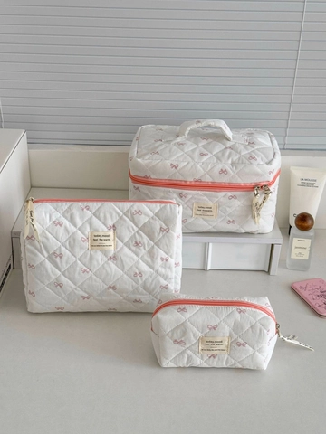 Sweet Pink Bow Quilted Cotton Makeup Bag Large Capacity Portable Toiletry Organizer Travel Storage For Women Girls