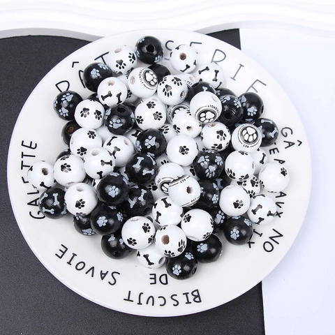 Natural Wood Beads Pet Theme Dog Bone Cat Paw Prints Round Spacer Beads DIY Jewelry Making Craft Accessories Colorful