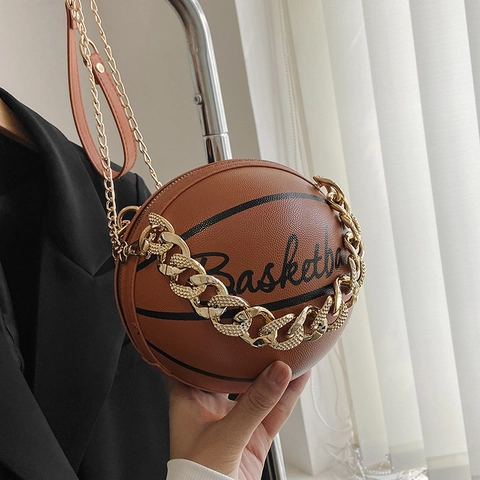 Basketball Shaped Crossbody Bag Novelty PU Leather Round Spherical Purse With Golden Chain Strap Streetwear Style Women