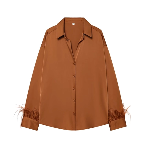 Women Satin Long Sleeve Shirt Intellectual Elegant Caramel Blouse Loose Button Up Top With Feather Cuffs Intellectual