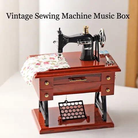 Carillon Macchina Da Cucire Vintage Meccanico A Carica Plastica Venature Del Legno Ornamento Da Scrivania Retro