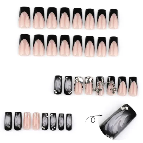 Unghie Finte Nere Gotiche Con Decorazione Croce Argento 3D Strass Künstliche Perle French Tip Lunghe Unghie Finte Quadrate