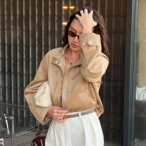 Damen Jacke Aus Wildlederimitat Stehkragen Kurz Outerwear Langarm Einreihig Streetwear Casual Mantel Mit Taschen