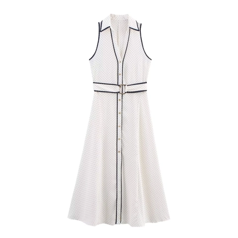 Women Casual Polka Dot Sleeveless V-Neck Shirt Dress Midi A-Line Dress With Belt Elegant Spring Summer Polka Dot Print Dress