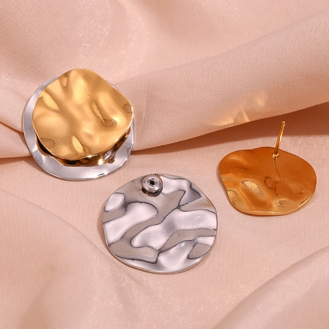 Modern Irregular Geometric Stainless Steel Stud Earrings Gold Silver Bi-color Double Layer Hammered Disc Earrings For Women