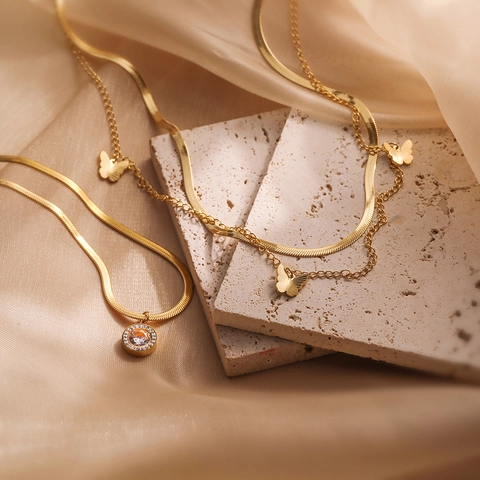 Butterfly Pendant Necklace 18K Gold Plated Titanium Steel Double Layer Snake Chain Round Crystal Minimalist For Women
