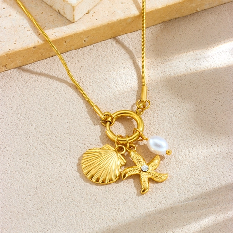 Oceaan Serie Vergulde Roestvrijstalen Zeester Schelp Kunstparel Hanger Ketting Slangenketting Voor Dames