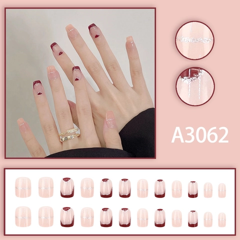 French Press On Nails Burgundy Nude Pink Glitter Short Square Round Artificial Fake Fingernails Elegant Daily Wear