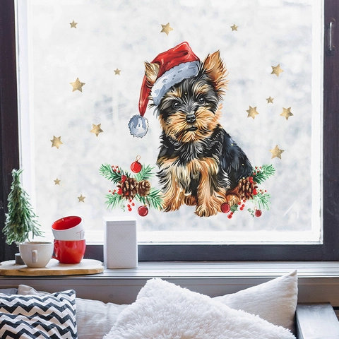 Vetrofanie Natalizie Yorkshire Terrier Adesivi Statici PVC Cappello Babbo Natale Stelle Decorazione Vetro