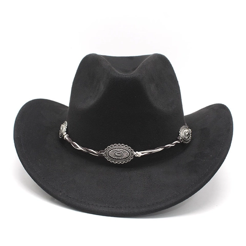 Western Cowboy Hoed Suede Breed Rand Etnisch Gevlochten Band Zilveren Metalen Versieringen Outdoor Unisex